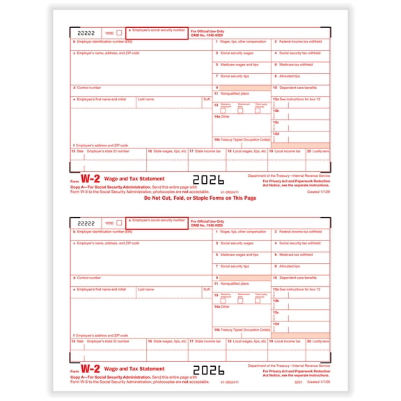 W-2 Federal IRS Copy A, 2-Up, Pack of 50 (100 Forms)