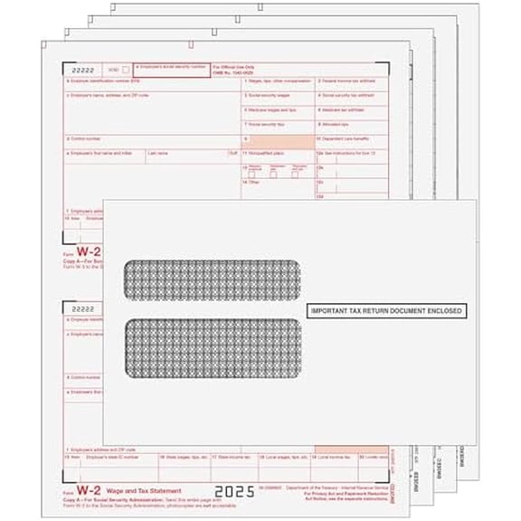 W-2 Tax Forms for 2025 | 4-Part Laser Forms Kit with Envelopes and W-3 Transmittal | Quantity for 10 Employees$$Office
