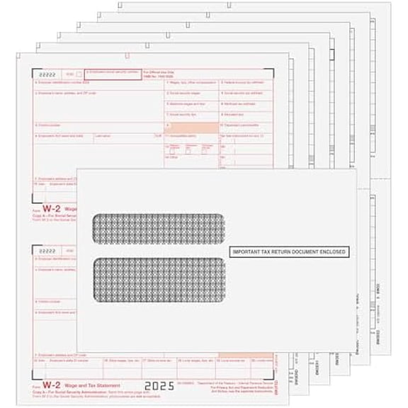 W-2 Tax Forms for 2025 | 6-Part Laser Forms Kit with Envelopes and W-3 Transmittal | Quantity for 10 Employees