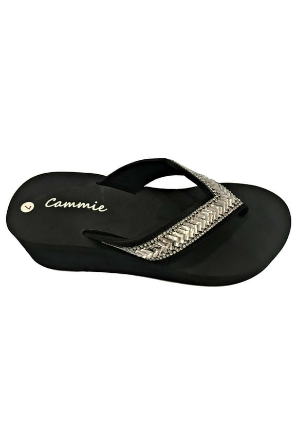 W-327 Cammie Women Platform Wedge Rhinestone Bling Slides Flip Flop Sandals Black US Size 6
