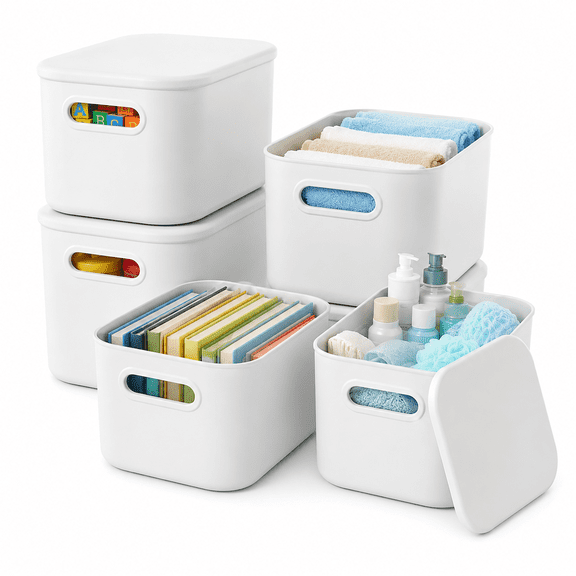 W 6 Pack White Storage Bins with Lids Stackable Storage Container for Organizing, Small Storage Boxes with Handle for Shelves, Cute Organizer Bins for Craft, Snacks, 9.85x6.9x5.7 inch