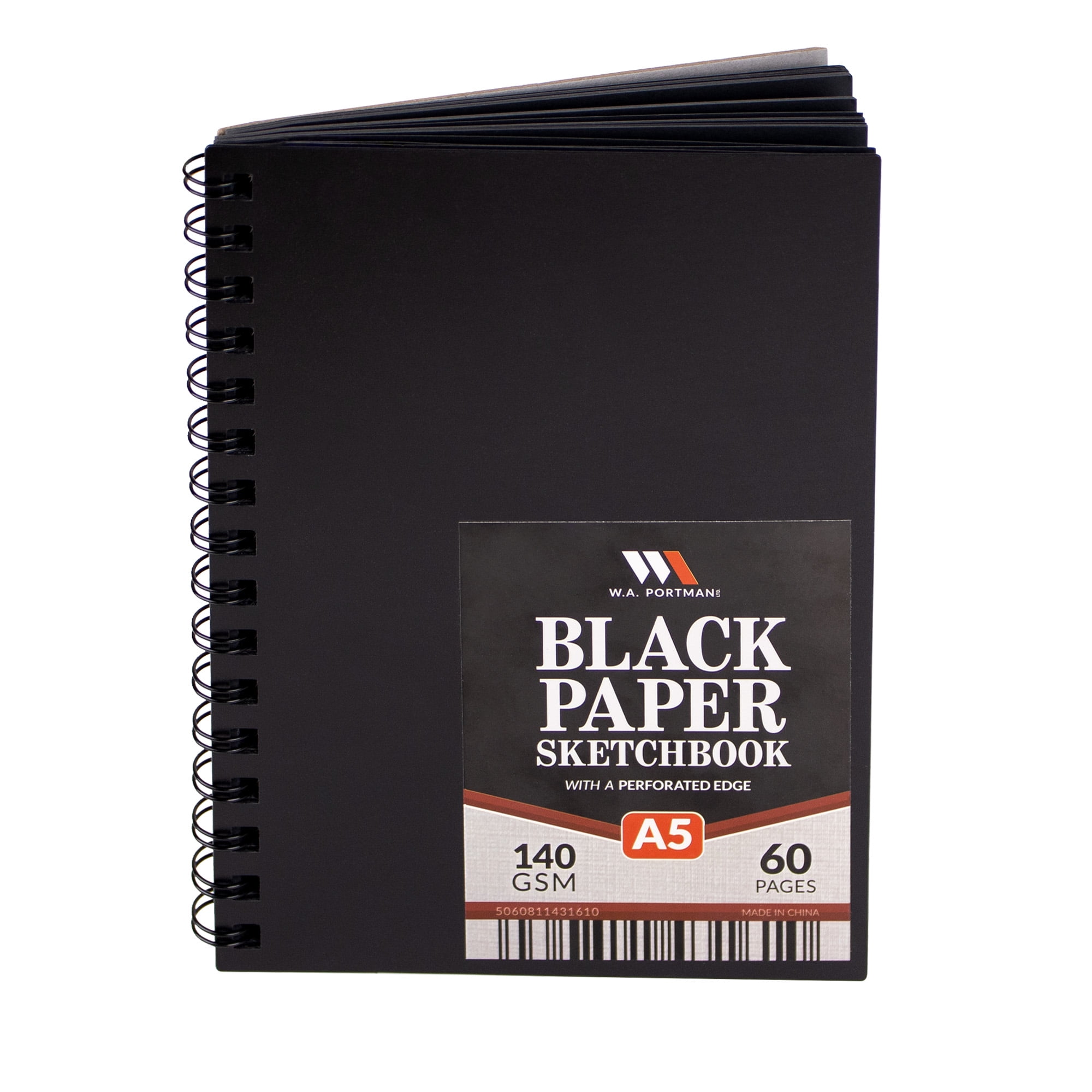 Wa Portman A4 Black Paper Sketchbook, 60 Spiral Bound Pages