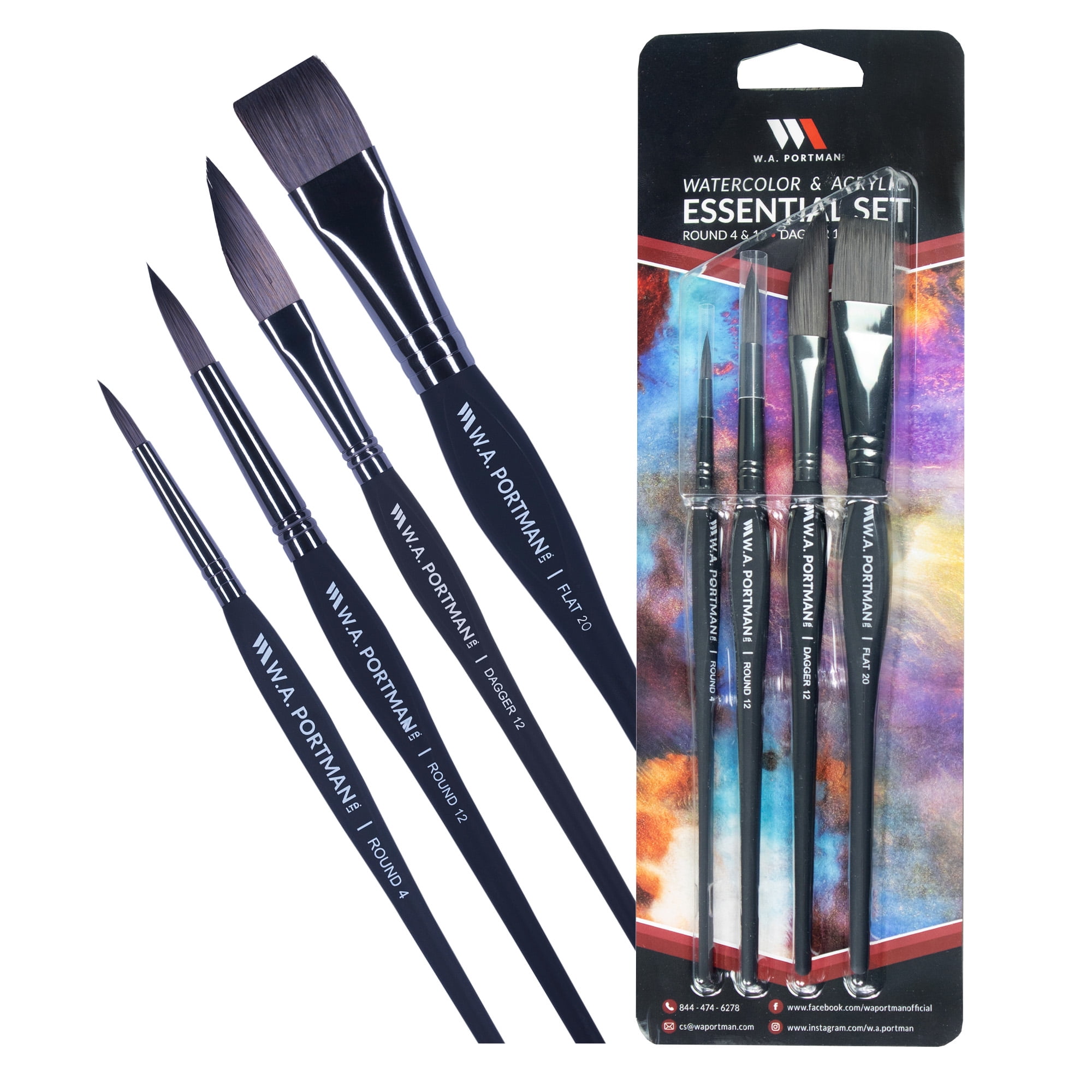 W.A. Portman Dagger Paint Brushes Set, 4 Synthetic Artist Paint Brushes