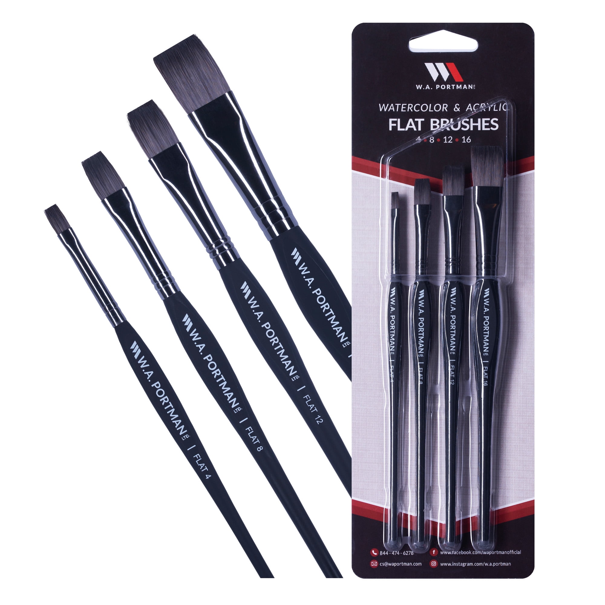 W.A. Portman Flat Paint Brushes Set, 4 Synthetic Artist Paint Brushes 