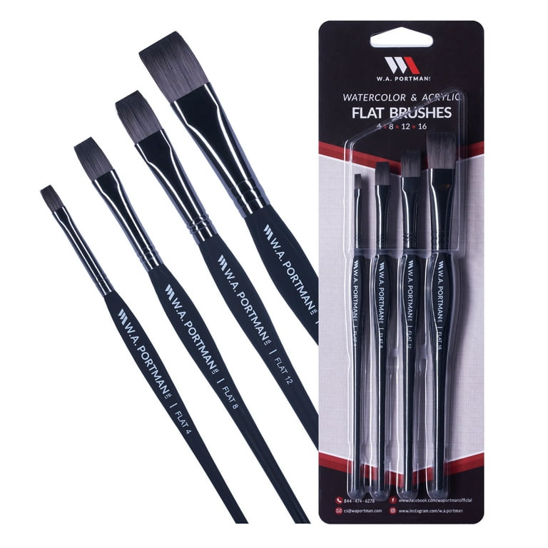 W.A. Portman Flat Paint Brushes Set, 4 Synthetic Artist Paint Brushes