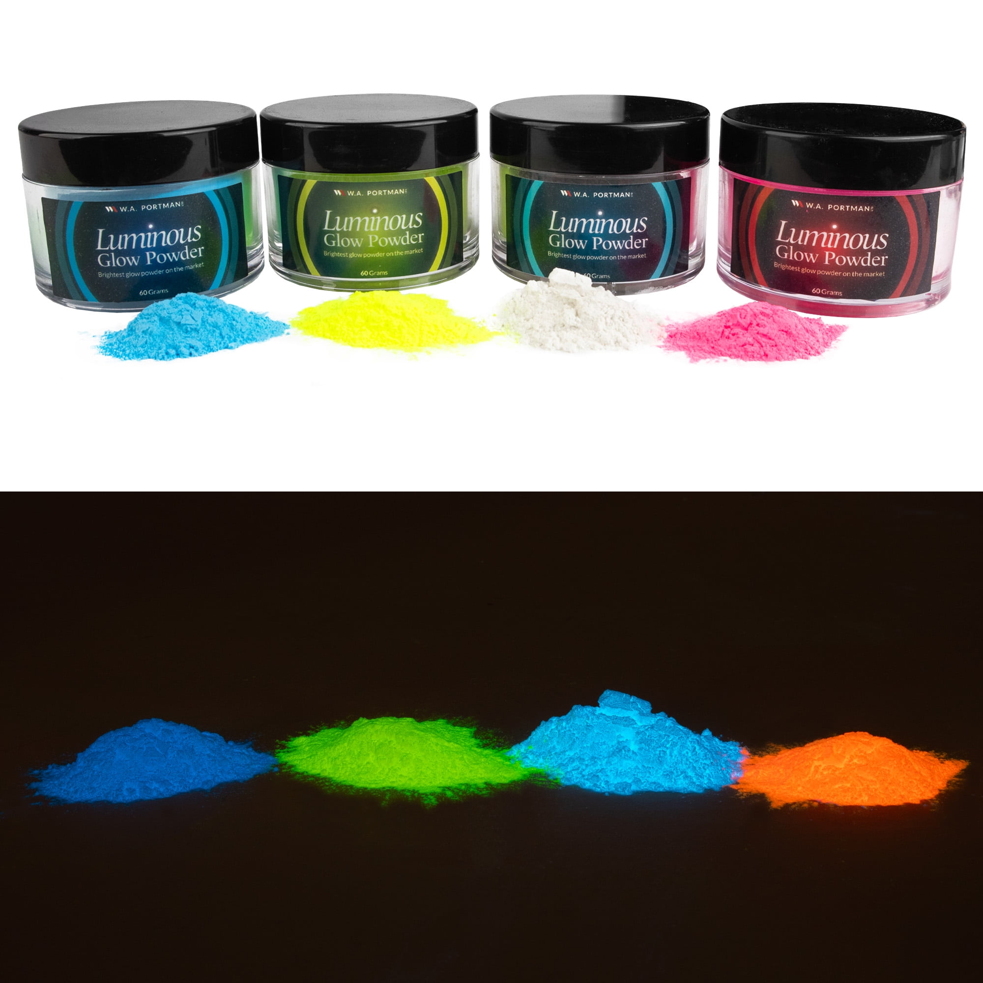 W.A. Portman Luminous Glow Powder, 4 Pack 60g (2.12oz) Jars of Glow in the  Dark Pigment Powder