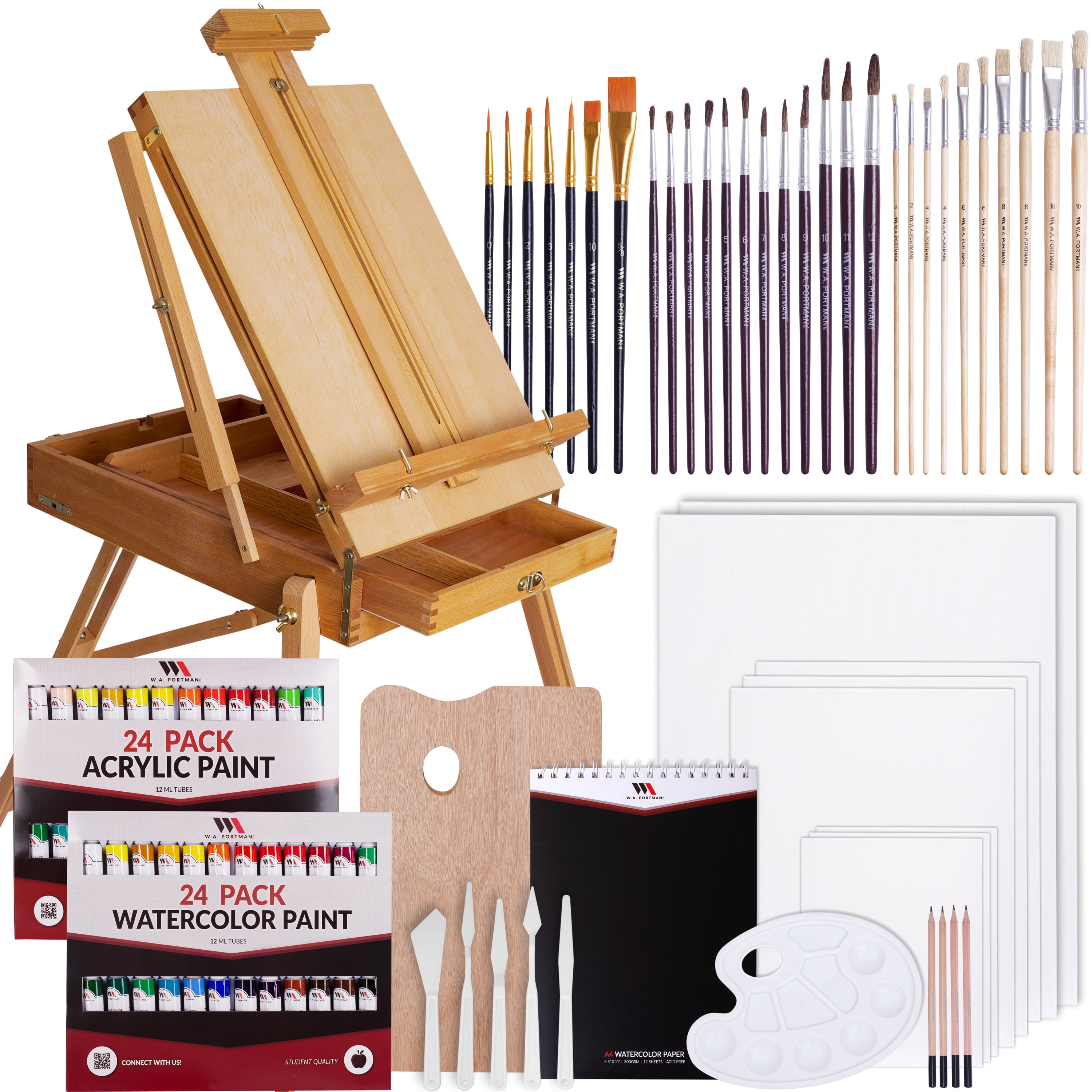 46-Piece Complete Artist Painting Set with Easel - 12 Acrylic & 12