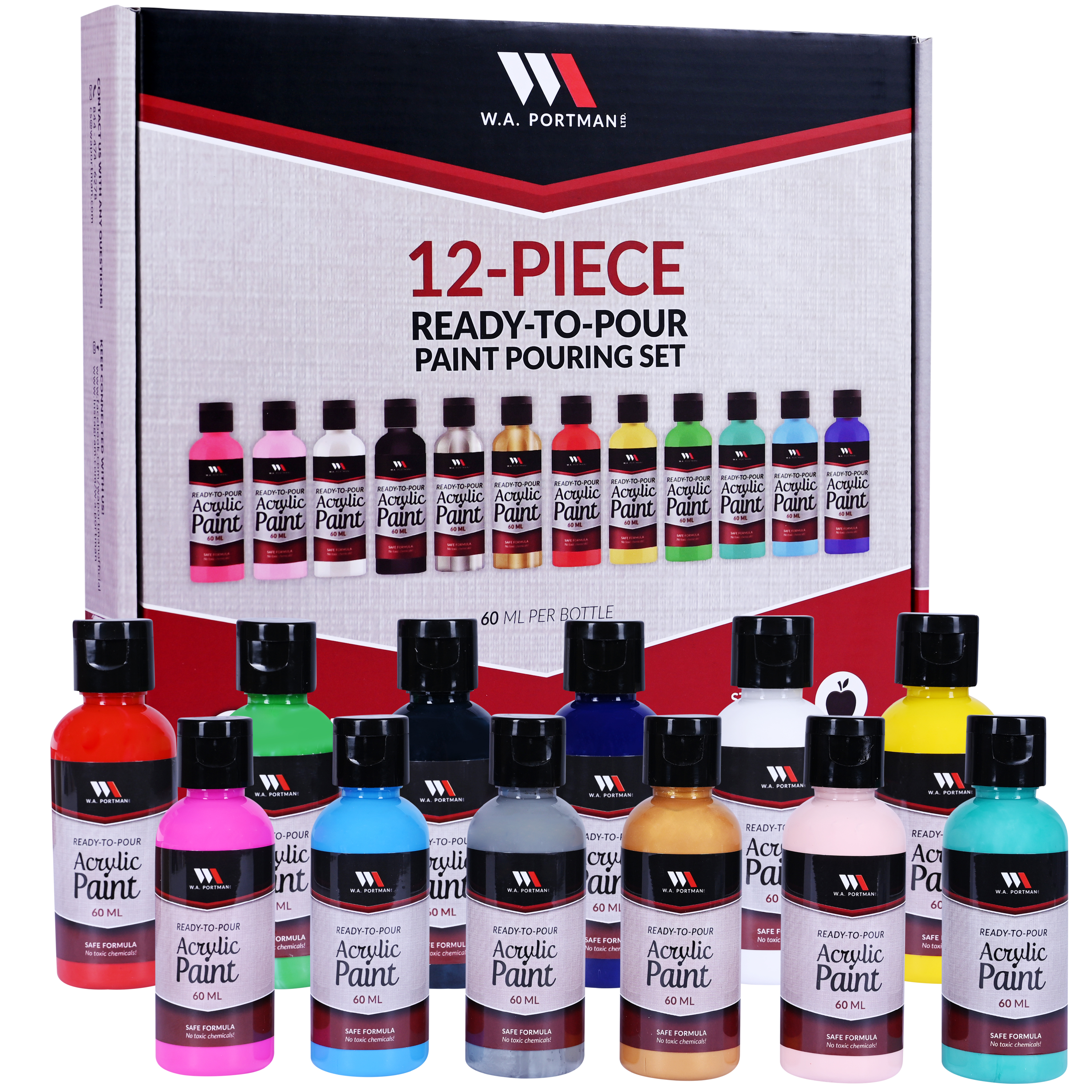W.A. Portman Ready to Pour Paint Pouring Kit, 12 60ml Bottles of Acrylic  Pour Paint