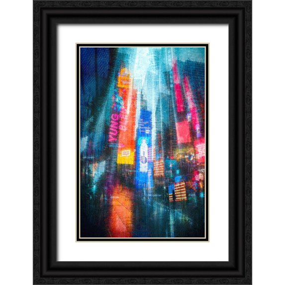 W., Catherine 11x14 Black Ornate Wood Framed with Double Matting Museum Art Print Titled - Time Square Impression In Rain