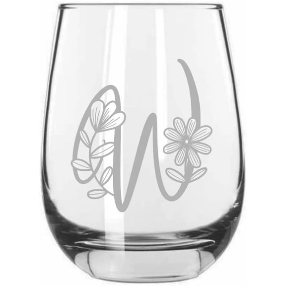 W Daishy Daisy Monogram Etched 15.25oz Libbey Stemless Wine Glass