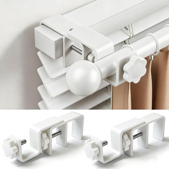 RFGUB No Drill Curtain Rod Brackets for Outside-Mount Blinds, Tool-Free Over-Blind Curtain Rod Holders, Fits 1-2" Rectangular Headrails, No Wall Damage, Renter Friendly Window Hardware, 2 Pack, White