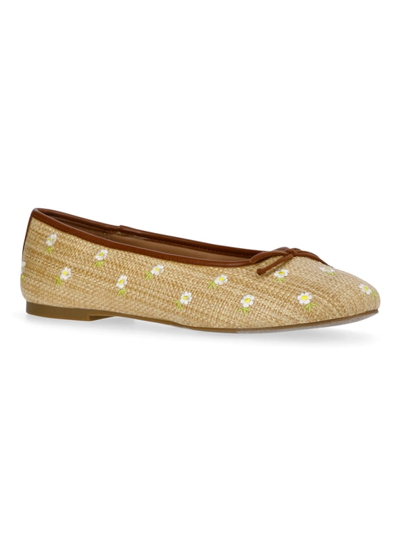 Women's Raffia Daisy Ballet Flats with Bow