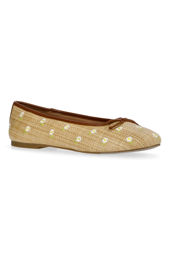 Women's Raffia Daisy Ballet Flats with Bow