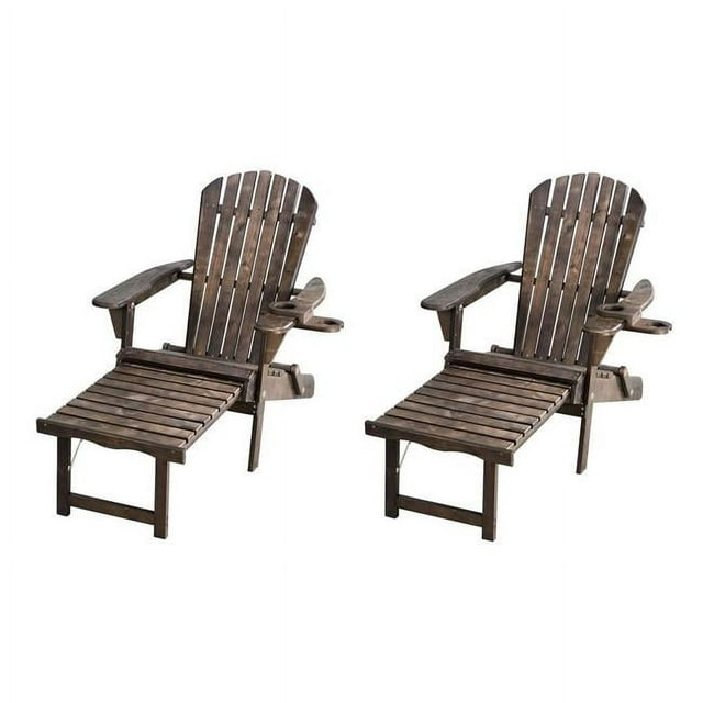 W Home  70 in. Oceanic Collection Adirondack Chaise Lounge Chair Foldable, Cup & Glass Holder, Dark Brown - Set of 2