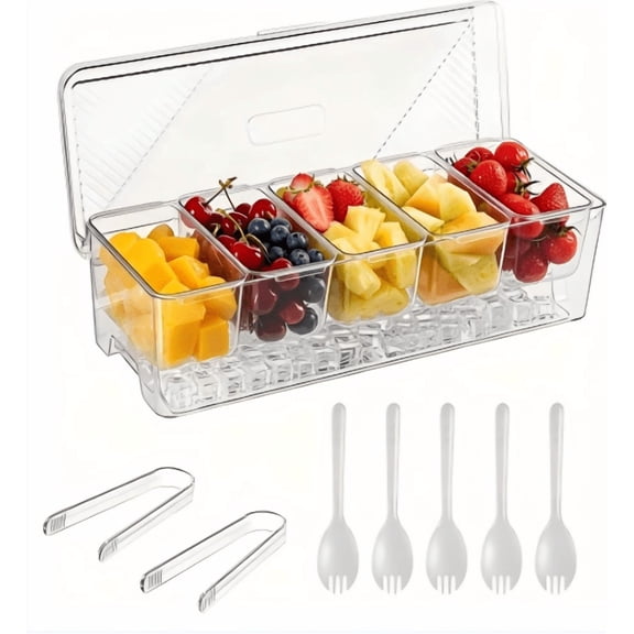 W Ice Chilled Condiment Caddy,Stackable Chilled Condiment Containers,Serving Platters with Lid and 5 Removable Compartments,Set of 5 Serving Spoons & 2 Clips (1pack)