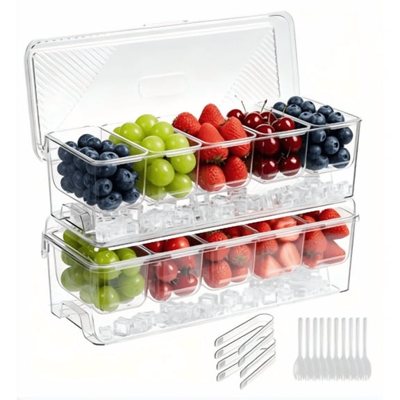 W Ice Chilled Condiment Caddy,Stackable Chilled Condiment Containers,Serving Platters with Lid and 5 Removable Compartments,Set of 5 Serving Spoons & 2 Clips (2pack)