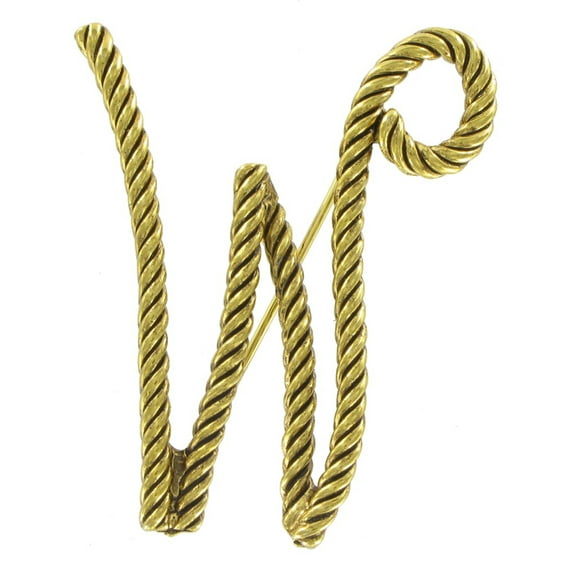 "W" Initial Pin Brooch Large Script Gold Tone Rope Ladies Adult Female Women