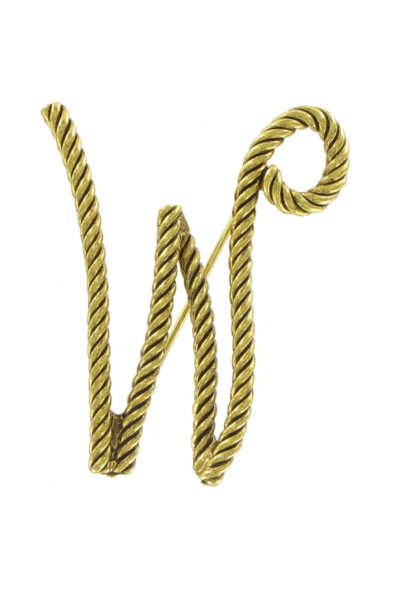 "W" Initial Pin Brooch Large Script Gold Tone Rope Ladies Adult Female Women