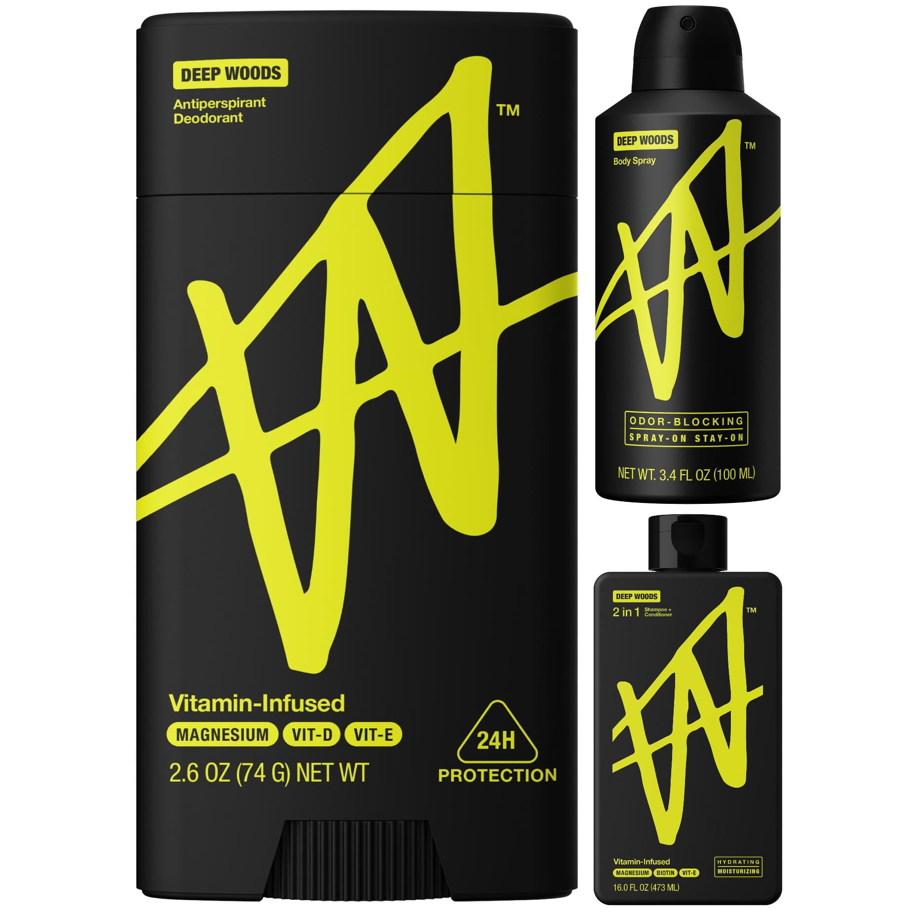 W by Jake Paul Deep Woods Scent Bundle: Sweat-Protection Deodorant + Odor Blocking Body Spray + Hydrating 2in1 Shampoo & Conditioner for All Hair Types