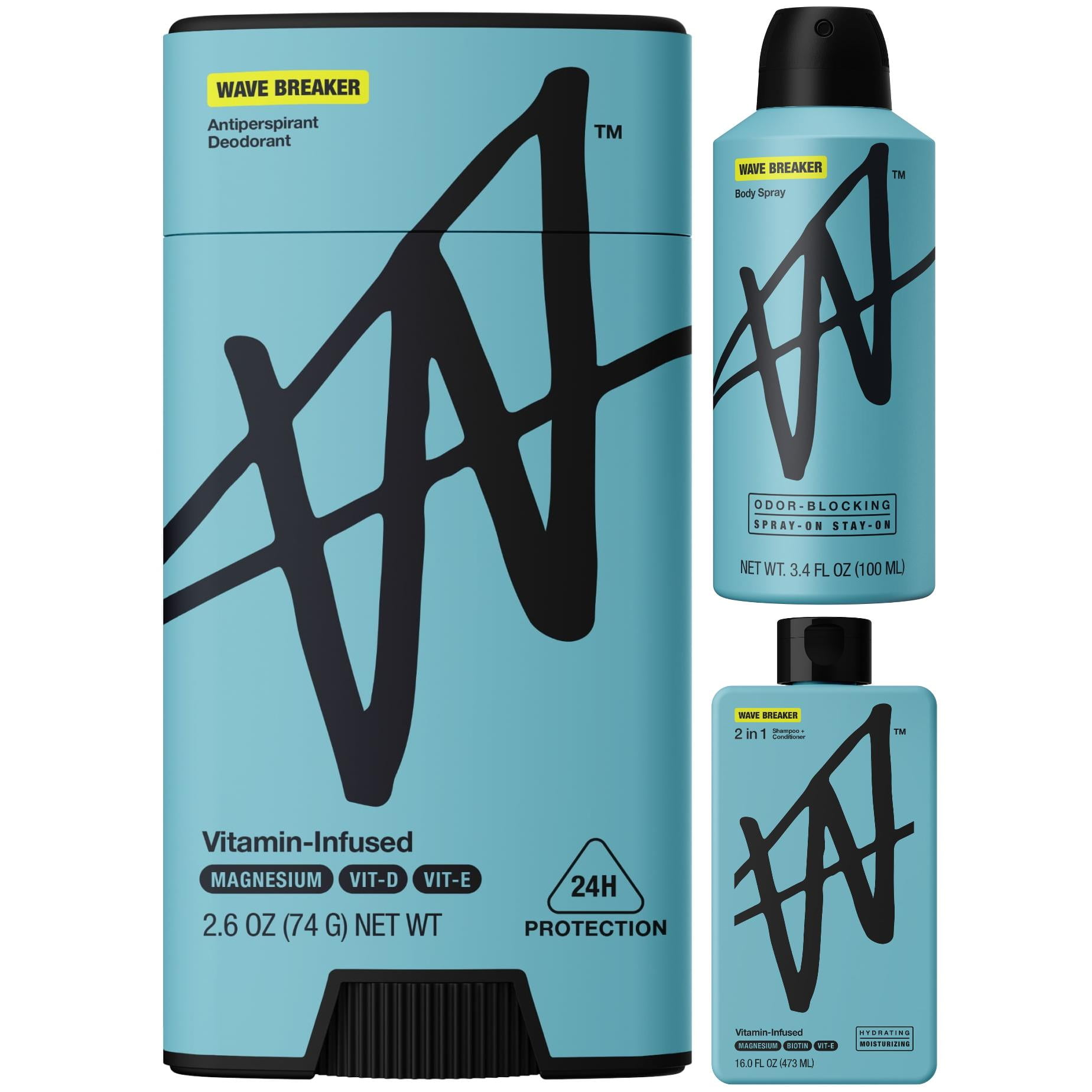 W by Jake Paul Wave Breaker Scent Bundle: Sweat-Protection Deodorant + Odor Blocking Body Spray + Hydrating 2in1 Shampoo & Conditioner for All Hair Types