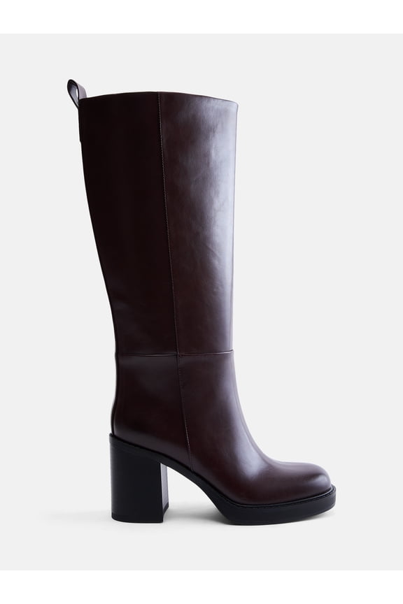 Women's Tall Faux Leather Boots with Stacked Heel