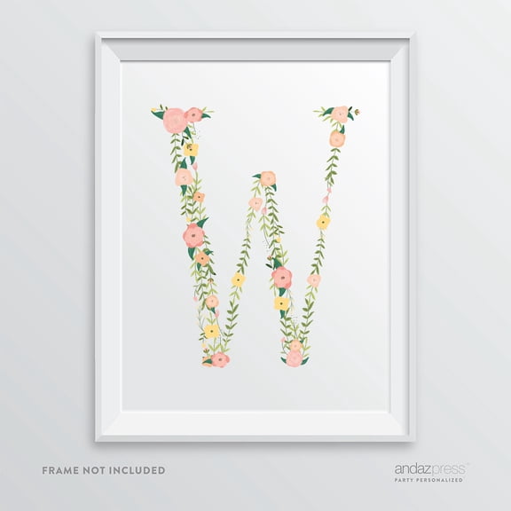 W Monogram Wall Art Letters, Coral Floral Roses