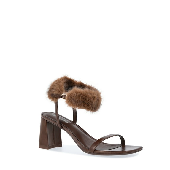 No Boundaries Women's Block Heel with Fur Ankle Strap
