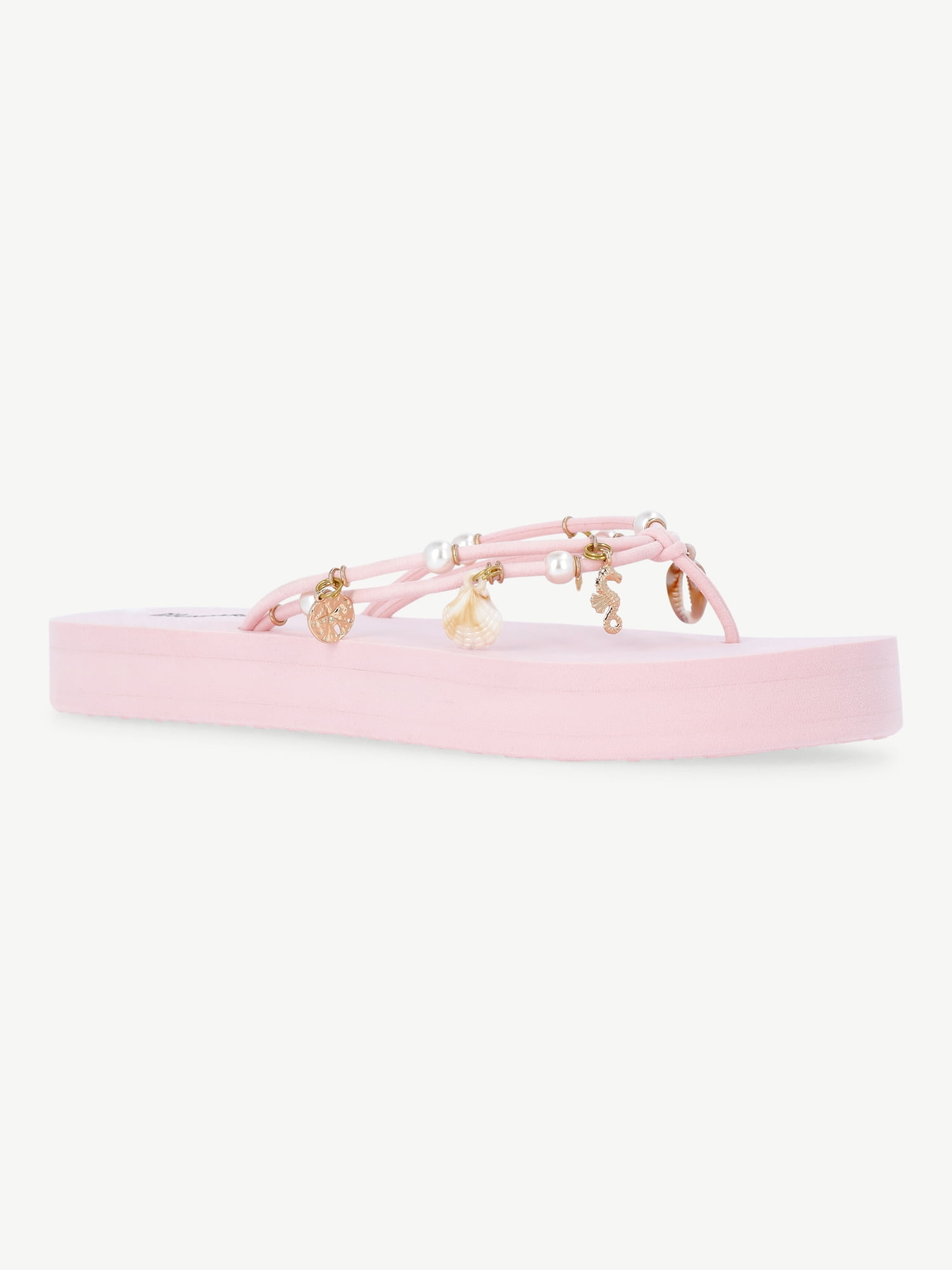 No Boundaries Faux Suede Flip Flop Sandals with Shell Embellishments, Women's