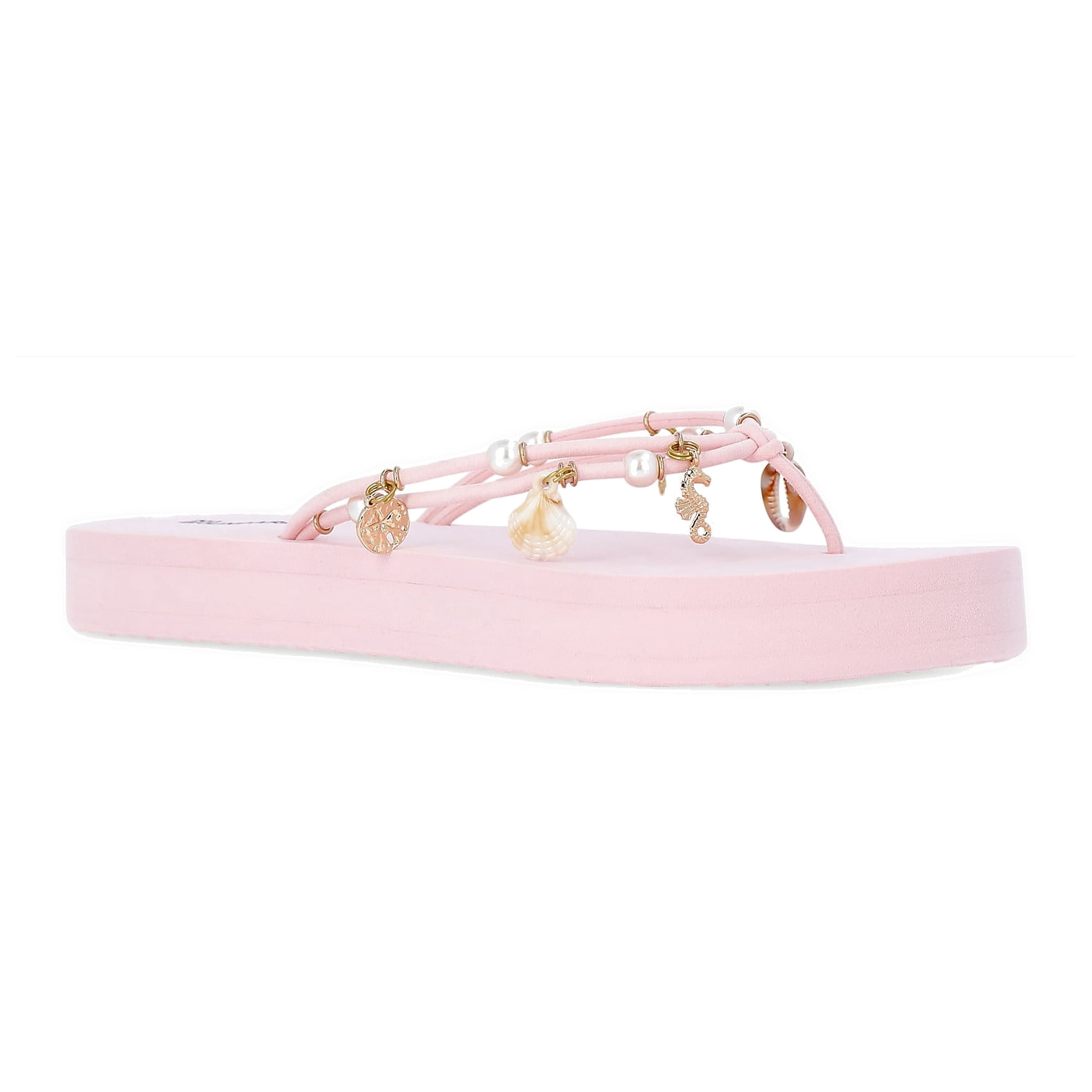 No Boundaries Faux Suede Flip Flop Sandals with Shell Embellishments, Women's