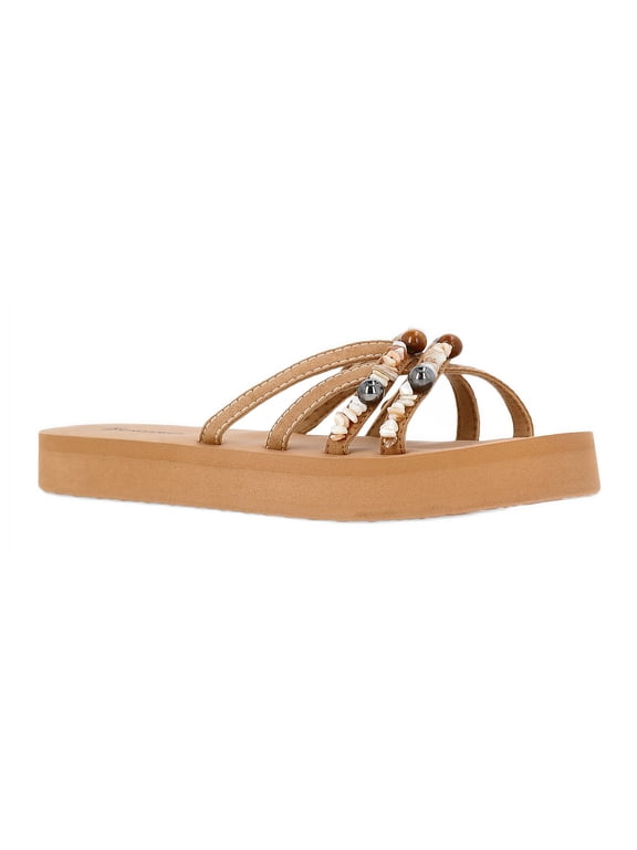 Faux Suede Flip Flop Sandals with Shell Embellishments, Women's