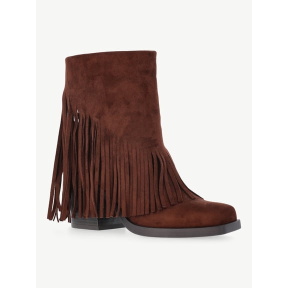 No Boundaries Faux Suede Fringe Booties, Women's