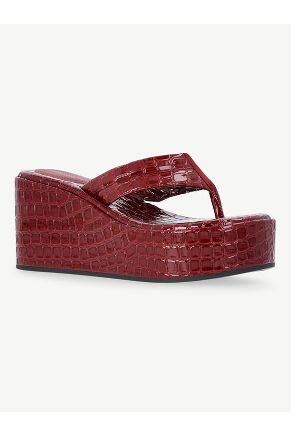 Embossed Faux Leather Platform Thong Sandals, Women's
