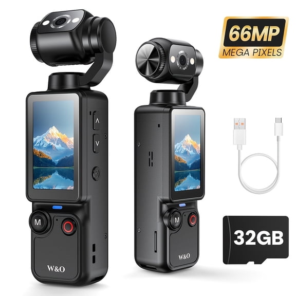 W&O 180° Rotatable Lens Sports Camera, 32GB Card & Accessories for Vlogging, Cycling, Hiking, Interviews