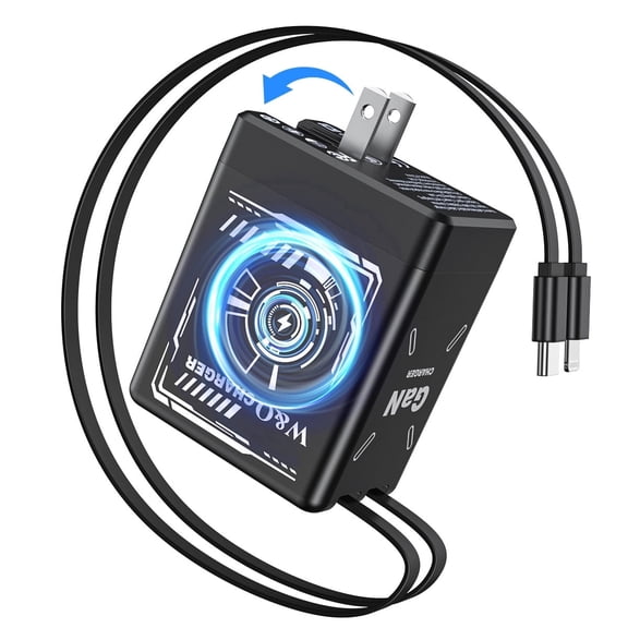 W & O 45W GaN Fast Charger with Retractable USB-C & Lightning Cables, Dual Device Wall Charger, Portable Charging Plug for iPhone, Android, USB-C Devices and More - Black