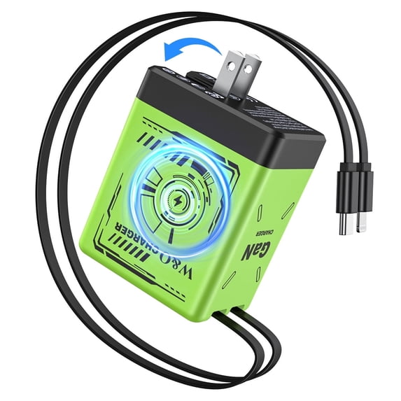 W & O 45W GaN Fast Charger with Retractable USB-C & Lightning Cables, Dual Device Wall Charger, Portable Charging Plug for iPhone, Android, USB-C Devices and More - Green