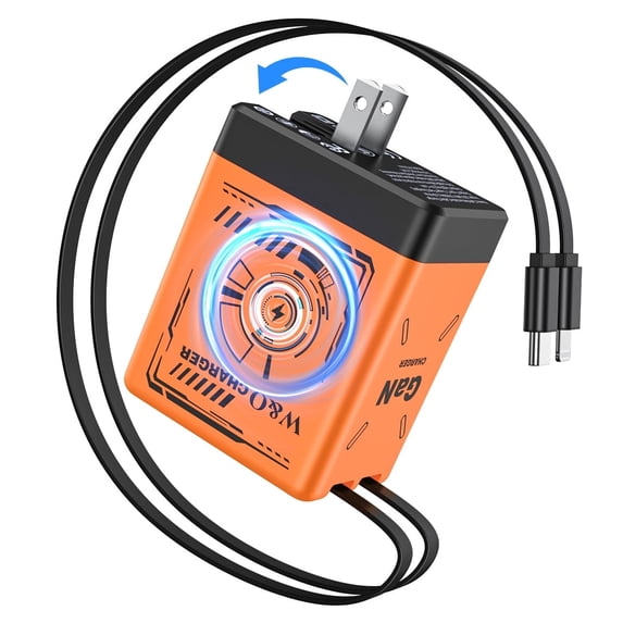 W & O 45W GaN Fast Charger with Retractable USB-C & Lightning Cables, Dual Device Wall Charger, Portable Charging Plug for iPhone, Android, USB-C Devices and More - Orange