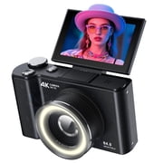 W&O Q5 4K Digital Camera, 180  Flip Screen Point and Shoot Camera with Ring Light, SD Card, Black