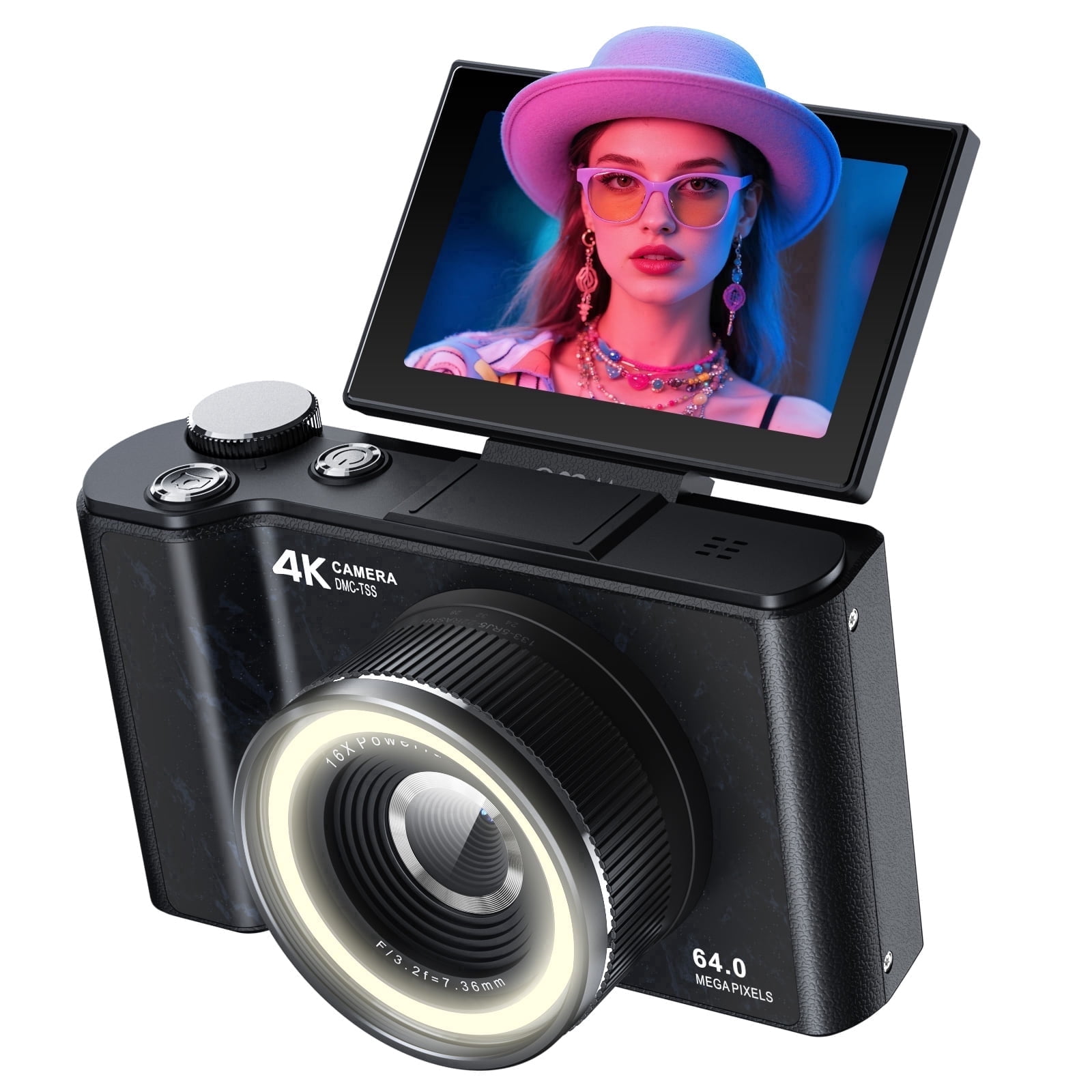 W&O Q5 4K Digital Camera, 180° Flip Screen Point and Shoot Camera with Ring Light, SD Card, Black