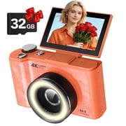 W&O Q5 4K Digital Camera, 180  Flip Screen Point and Shoot Camera with Ring Light, SD Card, Orange
