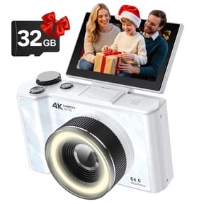 W&O Q5 4K Digital Camera, 180° Flip Screen Point and Shoot Camera with Ring Light, SD Card, White