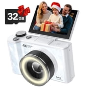 W&O Q5 4K Digital Camera, 180  Flip Screen Point and Shoot Camera with Ring Light, SD Card, White