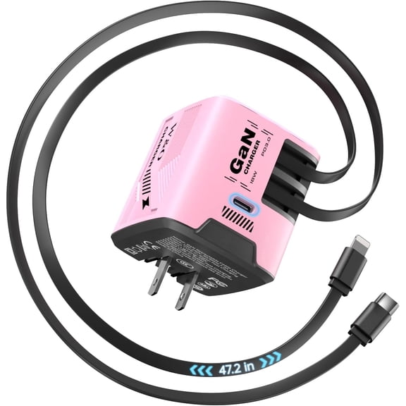 W & O 60W GaN Smart Charger 2-in-1 with Retractable Cables, Foldable Wall Fast Charger Adapter, Portable Charging Plug for iPhone, Android, USB-C Devices, Compact Travel Charger (Pink)