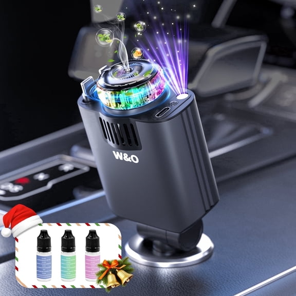 W & O 69W 5-in-1 Car Charger with Retractable Charging Cables, Fragrance Diffuser, Ambient LED Light, Multi-Port Charging Adapter for USB-C & 8-Pin Devices, Purple light
