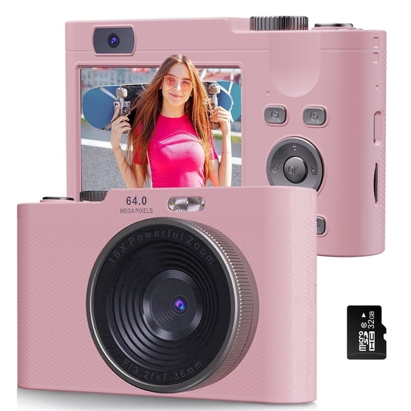 W & O Q6 Built-in Flash 2.5K UHD Video Recording 100 MP CCD Compact Digital Cameras with TF Card, Pink