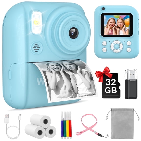 W & O Handheld Kids Birthday Gift Instant Digital Cameras with 3 Roll Printing Labels, 32GB Memory Card, USB Cable, Blue