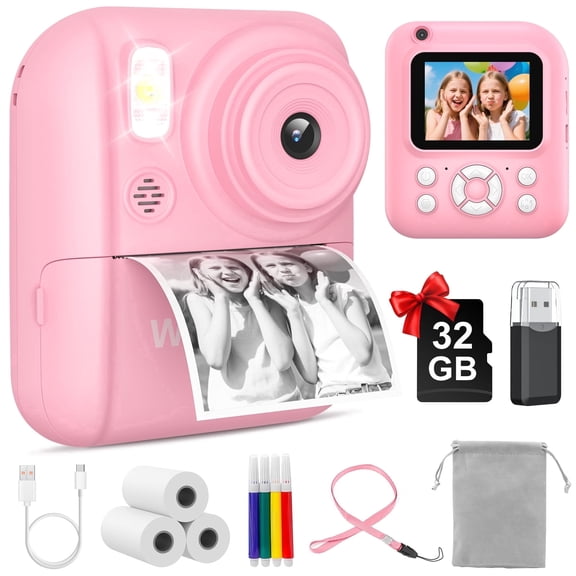W & O Handheld Kids Birthday Gift Instant Digital Cameras with 3 Roll Printing Labels, 32GB Memory Card, USB Cable, Pink
