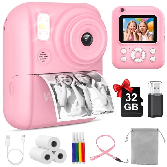 W & O Handheld Kids Birthday Gift Instant Digital Cameras with 3 Roll Printing Labels, 32GB Memory Card, USB Cable, Pink