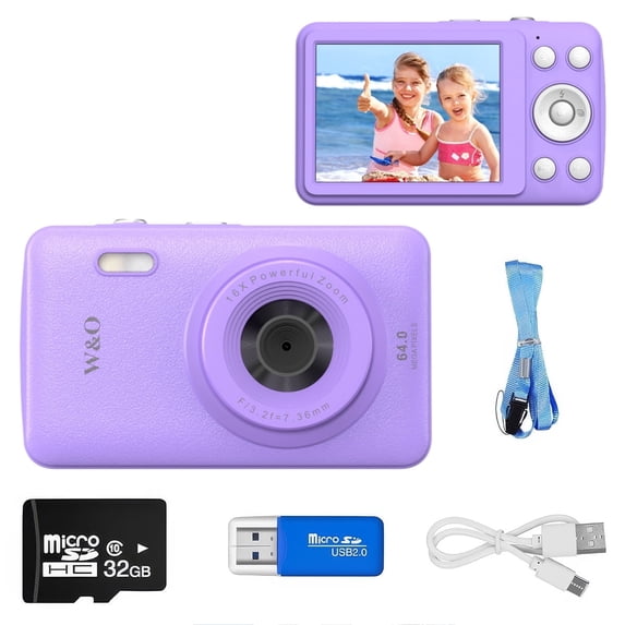 W & O Q3 Portable 16x Digital Zoom 48 MP CCD Point & Shoot Digital Camera with 32GB SD Card, Purple