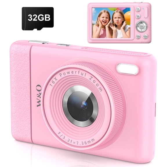 W & O Q8 Zoom 16X Zoom 64 MP CMOS Point & Shoot Digital Camera with SD Card, Pink