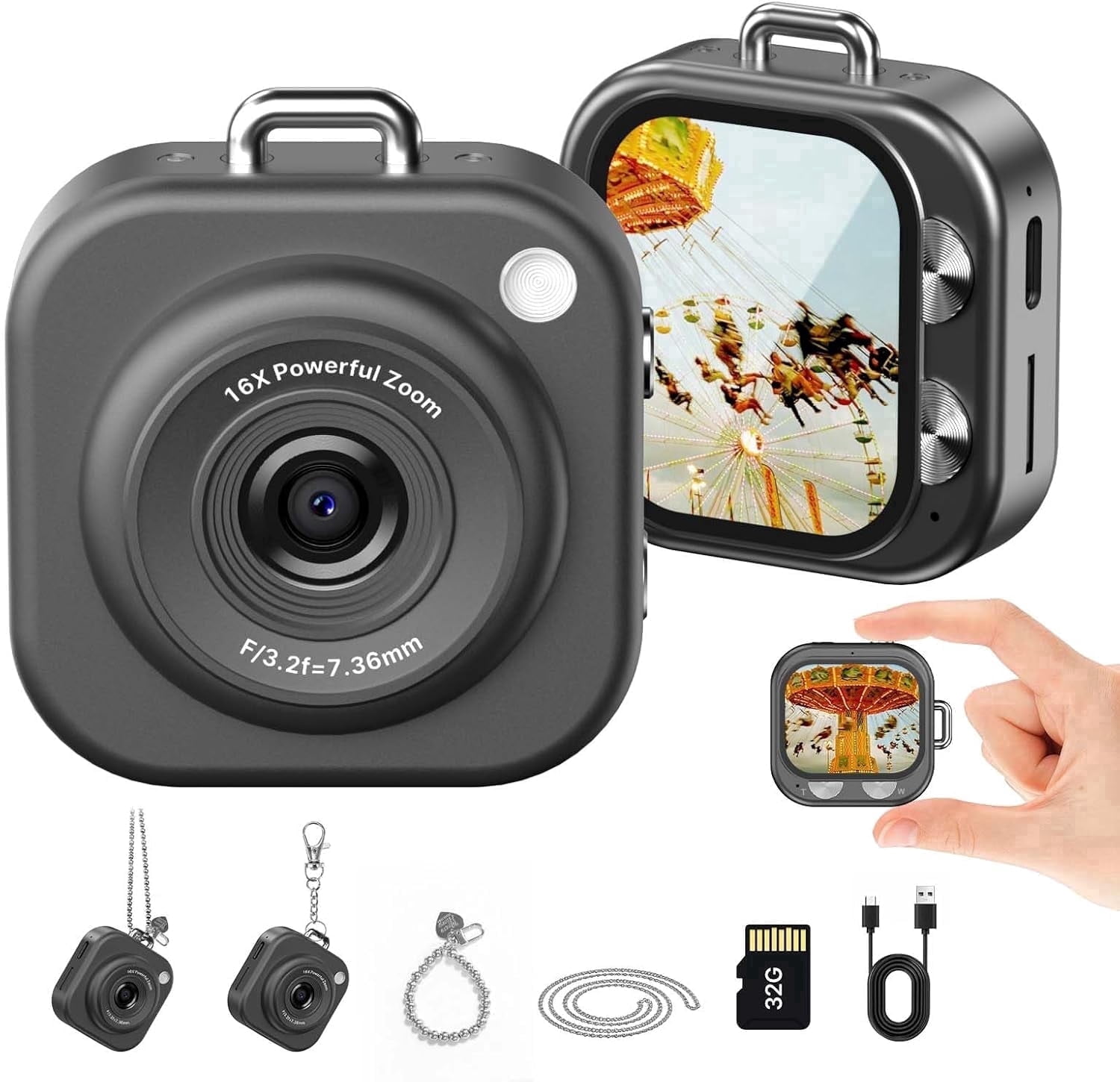 W & O Q16 Portable 46 MP Point & Shoot Digital Cameras with 32GB Card, Black